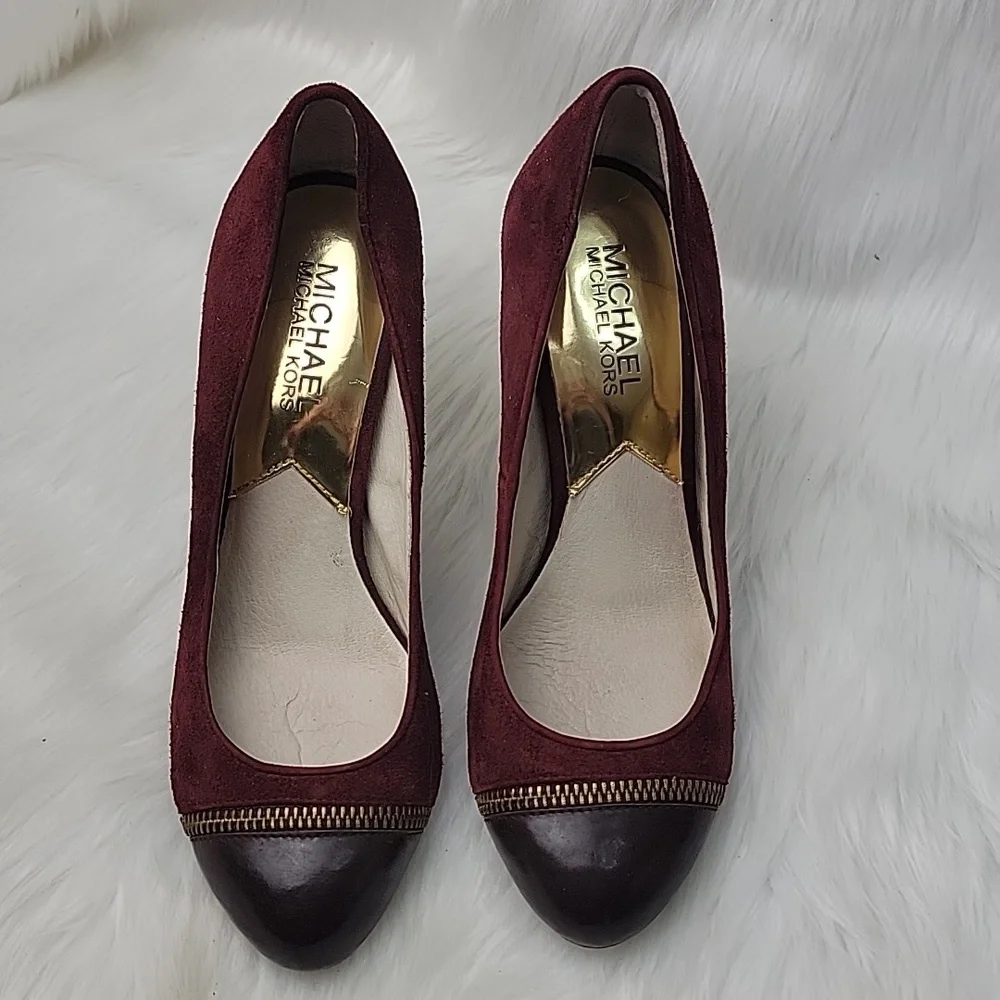 MICHAEL KORS Cynthia Bordeaux Zipper Brown‎ Leather Cap Toe Suede Office Heels 6